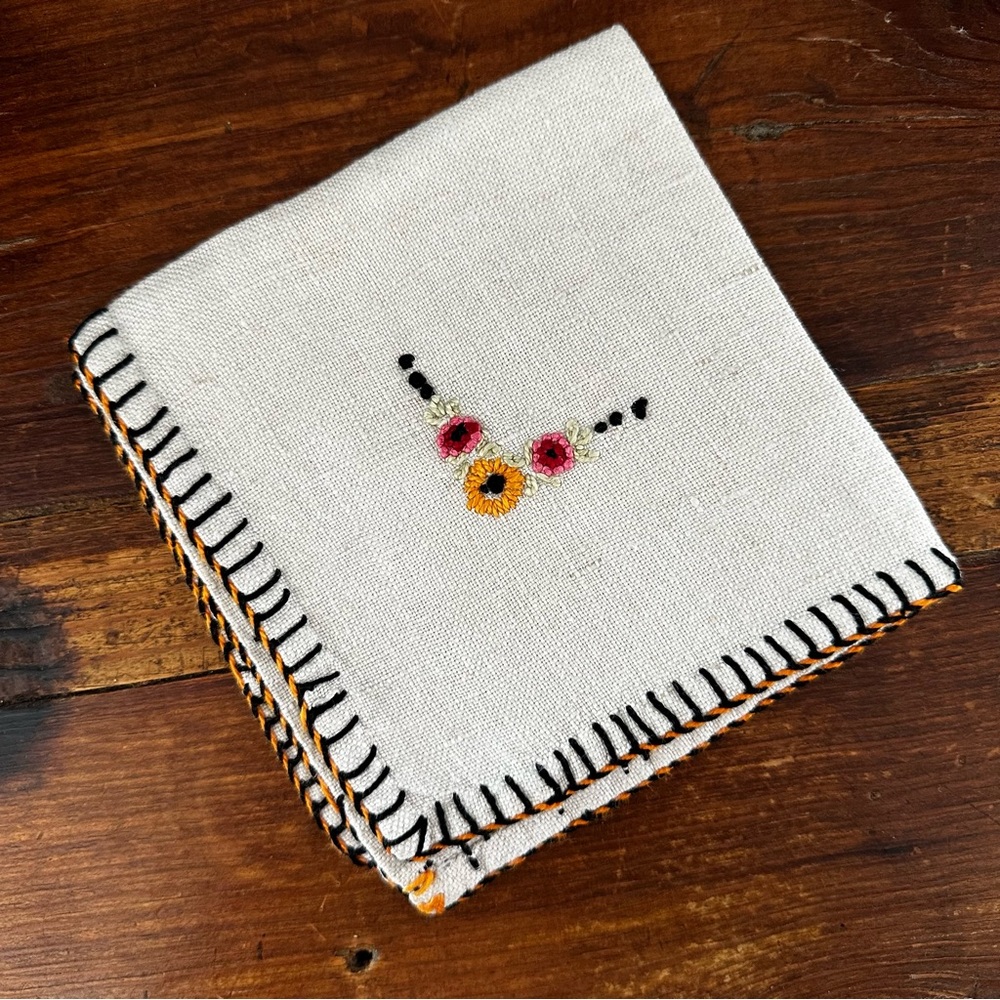 Vintage Hand-Embroidered Linen Napkin with Floral Design